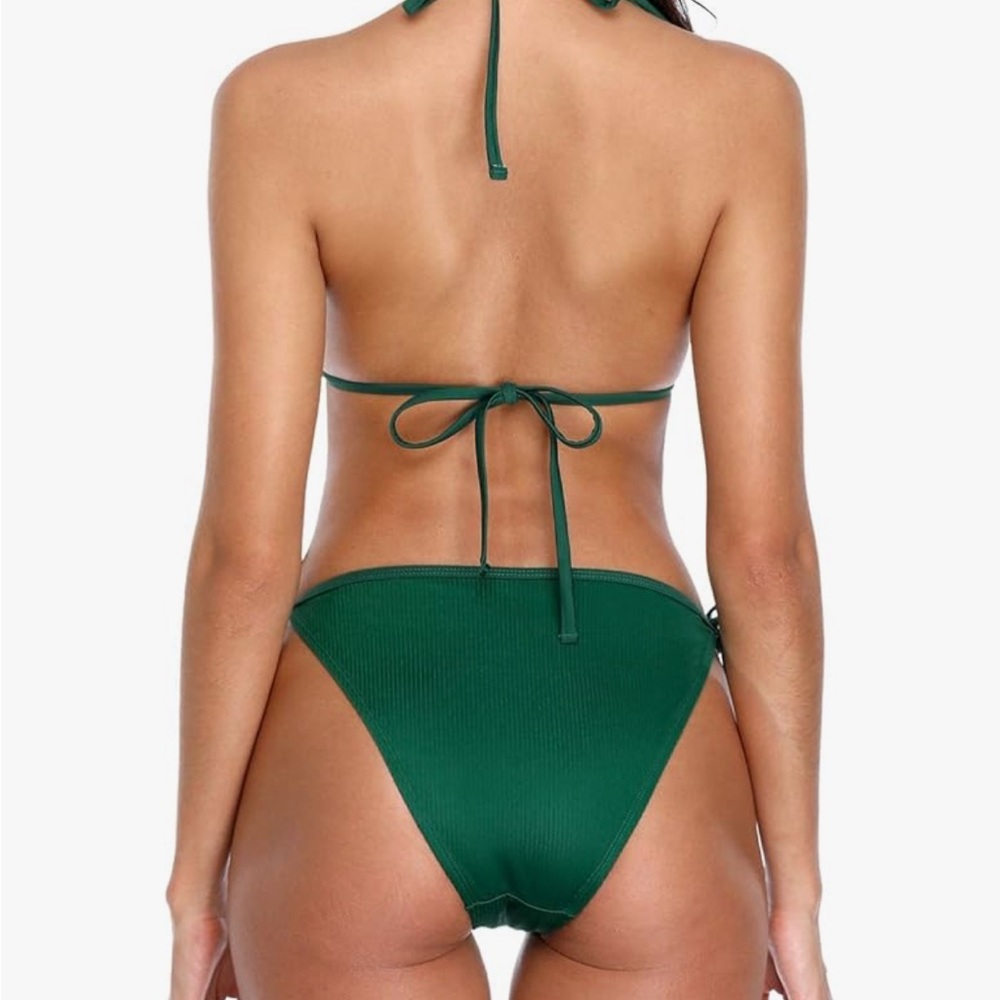 Green Triangle Bikini Set String Tie Side Bottoms Triangle Top Womens Swimsuit S - Picture 3 of 16